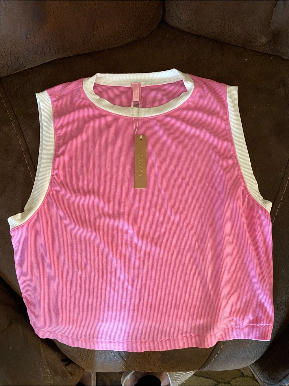 SKIMS Pink Ribbed Tank with white Trim